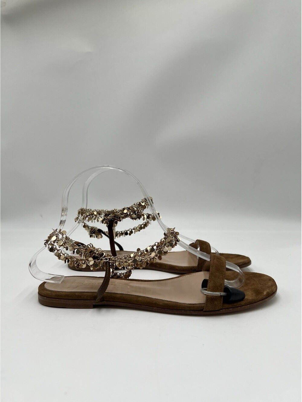 Gianvito Rossi flat sandals in camel suede gold-jeweled ankle strap Size 38